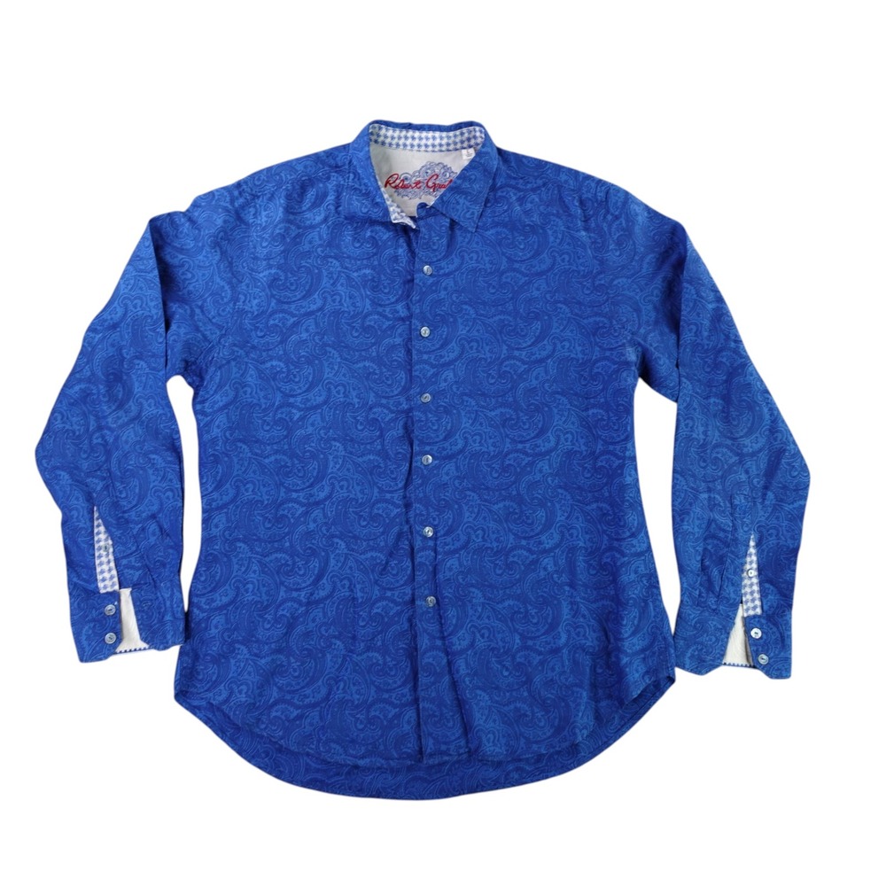 Robert Graham Button Down Shirt Men L Blue Paisley Jacquard Linen Blend